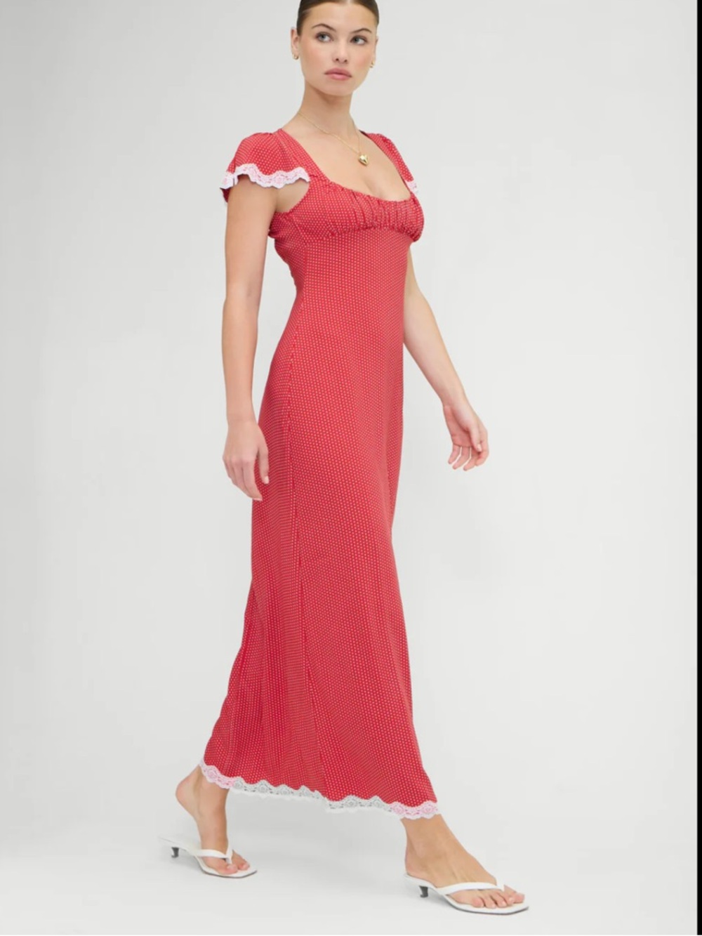 wild fable Red Polka Dot Maxi Chemise with White Lace Trim